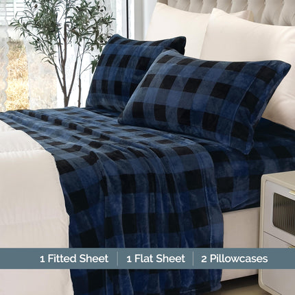 Elegant Comfort Luxuriously Soft 4-Piece Velvet Plush Flannel Sheet Set - Premium Quality - Cozy Warm, Anti-Static, Non Pilling Fuzzy Velvet Flannel Fleece Deep Pocket Sheet Set -Twin XL, Buffalo Blue