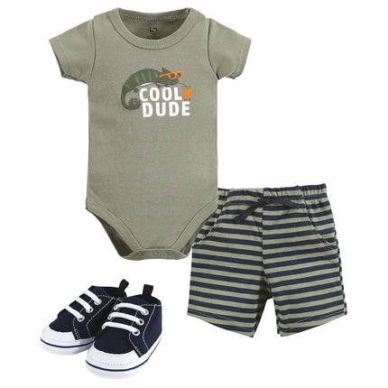 Hudson Baby Unisex Baby Cotton Bodysuit, Shorts and Shoe Set, Cool Dude, 0-3 Months
