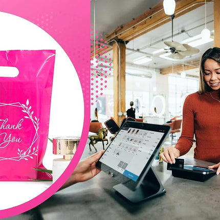 100 Pink Thank You Bags 1.5Mil Merchandise Bags 23cm x 30cm (9”x12”) and Pink Bags for Small Business Extra Thick Glossy Pink Retail Bags and Thank You Bags with Handles and Plastic Bags