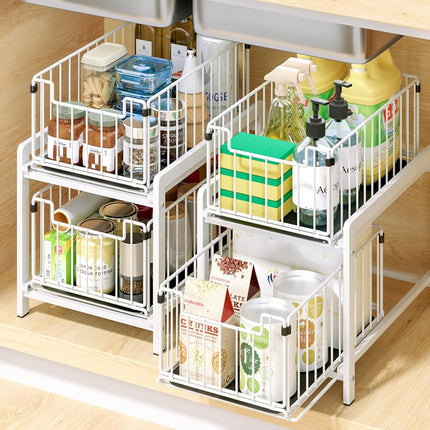 Pull-Out Sliding Drawer Cabinet Organizer, Slide-Out Stackable Under Sink Cabinet Organizer 2-Tier Storage Shelf, Multipurpose for Kitchen, Bathroom