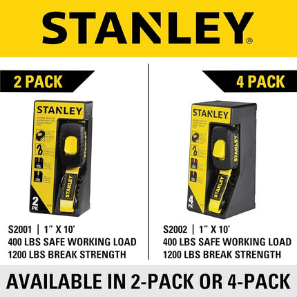 STANLEY S2002 Black/Yellow 1" x 10' Enclosed Cam-buckle Tie Down Straps - 400 lb Safe Working Load / 1,200 lb Break Strength, 4 Pack