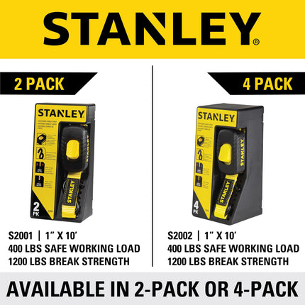 STANLEY S2002 Black/Yellow 1" x 10' Enclosed Cam-buckle Tie Down Straps - 400 lb Safe Working Load / 1,200 lb Break Strength, 4 Pack
