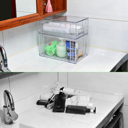XWYWX Small Stackable Clear Acrylic Storage Drawers(2 Pack) with Handles,Plastic Organizer Bins for Fridge Bathroom Kitchen Cabinet Pantry Coffee bar Undersink Office Closet Storage Bins