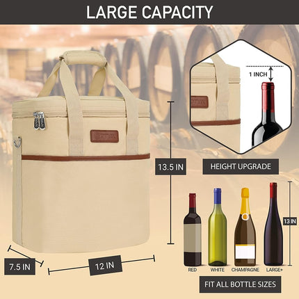 opux 6 Bottle Carrier Tote | Insulated Padded Wine Cooler Bag for Travel. Picnic, BYOB | Portable Leakproof Wine Tote Bag for Dinner, Party, Christmas, Wine Gift for Women, Men (Cream Beige)