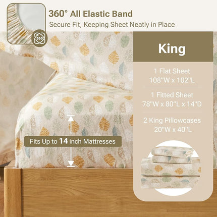 SLEEP PHILOSOPHY True North by Cozy Flannel 100% Cotton Ultra Soft Cold Weather Sheet Set Bedding, King, Multi Leaves 4 Piece