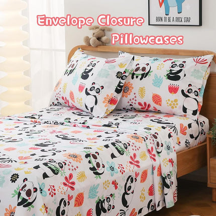 JSD Panda Floral Kids Sheet Set Full 4 Piece, Printed Microfiber Bed Sheets for Boys Girls Deep Pocket
