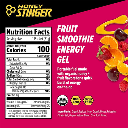 Honey Stinger Organic Fruit Smoothie Energy Gel | Gluten Free & Caffeine Free | For Exercise, Running and Performance | Sports Nutrition for Home & Gym, Pre and Mid Workout | 24 Pack, 31g