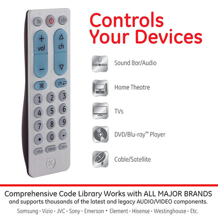GE Big Button Universal Remote Control for Samsung, Vizio, Lg, Sony, Sharp, Roku, Apple TV, TCL, Panasonic, Smart TVs, Streaming Players, Blu-Ray, DVD, 2-Device, Silver, 33701