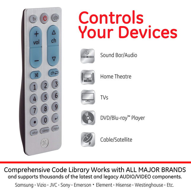 Control remoto universal de botones grandes GE para Samsung, Vizio, Lg, Sony, Sharp, Roku, Apple TV, TCL, Panasonic, televisores inteligentes, reproductores de streaming, Blu-Ray, DVD, 2 dispositivos, plata, 33701