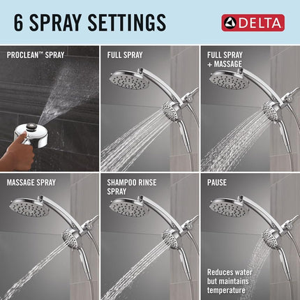 Delta 6-Setting PivotPro 3-in-1 Combination Shower Head with ProClean Spray, Chrome Round Shower Head Rainfall with Handheld Spray, 1.75 GPM, Chrome 75649