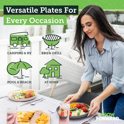 Grow Forward Premium Wheat Straw Plates - 10 Inch Reusable Hard Plastic Dinner Plates Set of 8 - Unbreakable & Microwave Safe Dishes for Dessert, Camping, RV, Outdoors, Patio, Kitchen - Moonlight