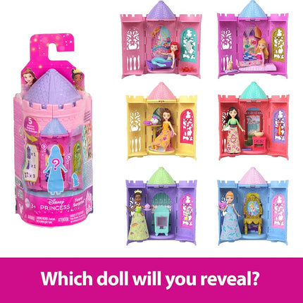 Mattel Disney Princess Tower Surprise Small Dolls & Accessories, Stacking Playsets with 4 Surprises & Friend from Disney Movies (Styles May Vary)