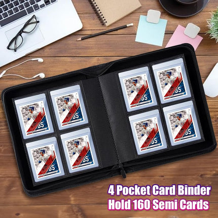 4 Pockets Card Binder for Semi Rigid Card Holders, Ringless Card Binder Album Holds 160 Semi Rigid Card Sleeves, Semi Card Holder Binder with Sleeves