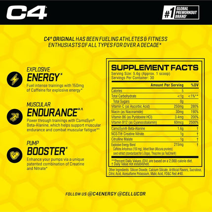 Cellucor C4 Original Pre Workout Powder Energy Drink w/ Creatine, Nitric Oxide & Beta Alanine, Watermelon, 30 Servings