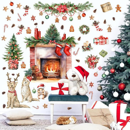 Christmas Wall Decals Merry Christmas Wall Stickers Fireplace Stickers Christmas Pine Tree Decals for Wall Removable Winter Animals Wall Art Decals for Christmas Party Supplies Living Room Home Decor