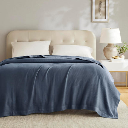 Madison Park 100% Egyptian Cotton Lightweight Summer Blanket, Breathable Waffle Knit Design, Soft Cozy All-Season Throw for Bed, Couch or Sofa, Blue King Size (108"x90")