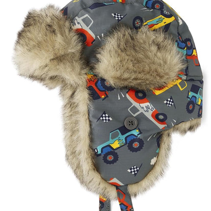 The Children's Place Boys' and Toddler Winter Trapper Kids Hat with Earflaps, Chin Strap and Faux Trim, Black, 6-12 Months