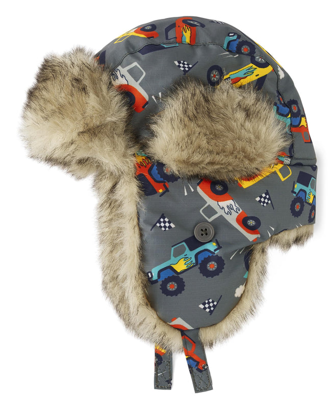 The Children's Place Boys' and Toddler Winter Trapper Kids Hat with Earflaps, Chin Strap and Faux Trim, Black, 6-12 Months