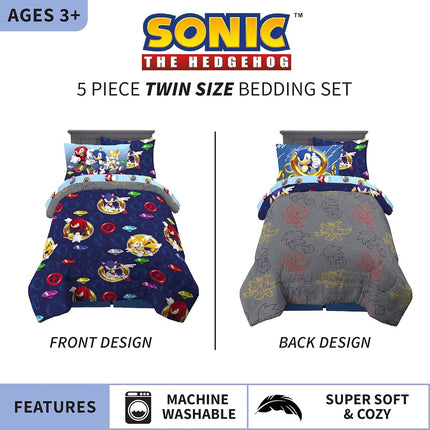 Franco Kids Bedding Super Soft Comforter and Sheet Set with Sham, 5 Piece Twin Size, Sonic The Hedgehog, Anime