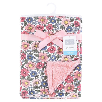 Hudson Baby Unisex Baby Plush Blanket with Furry Binding and Back, Pink Blue Pretty Floral, One Size