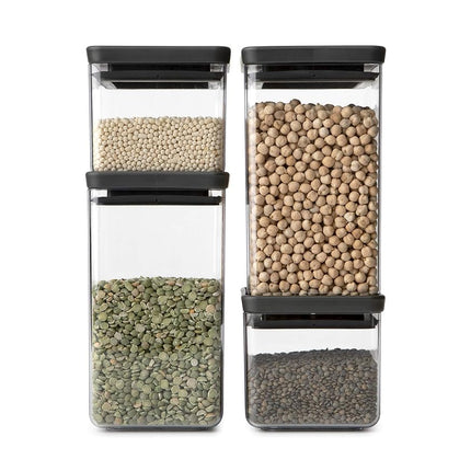 Brabantia Set of 4 Tasty+ Square Stackable Food Canisters/Storage Jars (Dark Grey) Space Saving Transparent Plastic Tubs with Lids, (122422)