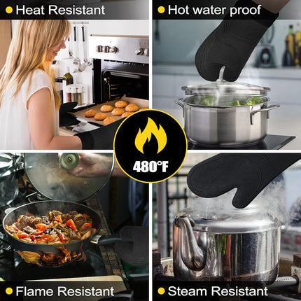 Funnydin Oven Mitts and Pot Holders Sets, 8pcs Pot Holders and Oven Mitts Heat Resistant, Kitchen Non-Slip Silicone Oven Mitts with Soft Cotton Lining, 14.5" Extra Long Oven Gloves for Cooking, Black