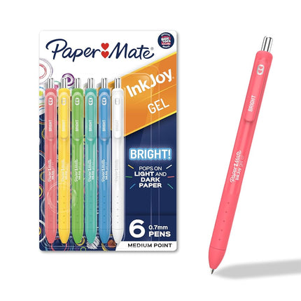 Paper Mate InkJoy Bright Pens, Gel Pens, Medium Point (0.7mm), Retractable, Assorted Brighter Colors, 6 Count
