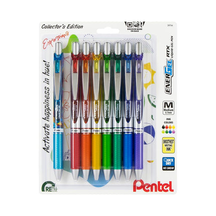 Stylo-roller EnerGel RTX rétractable, lot Expressions du bonheur, 0,7 mm, pointe métal, trait moyen, encre assortie, lot de 8 stylos (BL77XHAPBP8M)