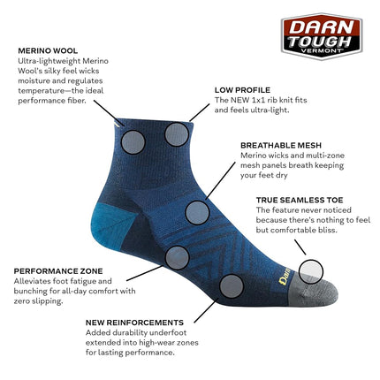 Darn Tough (Modèle 1034) Chaussettes de course quart de cheville ultra-légères pour homme – noir – Grande taille