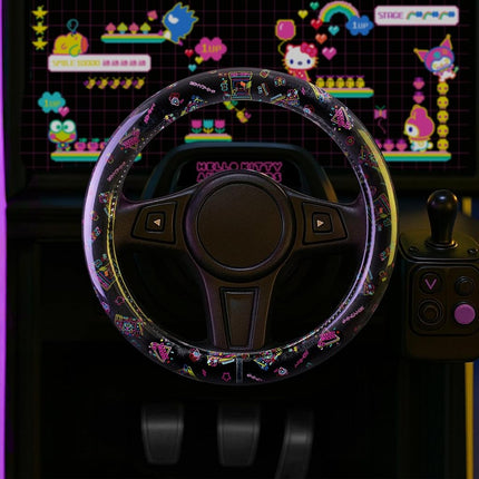 Housse de volant Hello Kitty, housse de volant de voiture officielle Sanrio de taille universelle 14,5-15, accessoires de voiture Hello Kitty noirs mignons pour femmes (Hello Kitty Kawaii Arcade)