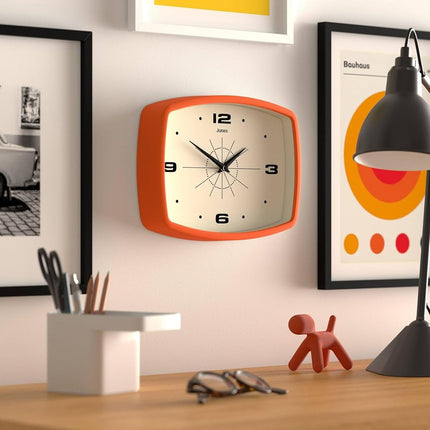 JONES CLOCKS® Movie wall Clock | Rectangular Retro Clock | 10" | Orange | Cool mid-Century Designer Look for Kitchen, Living Room or Office
