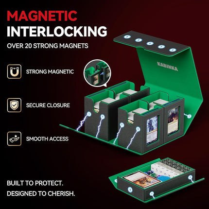 Card Deck Box for MTG with Commander Display, 5 in 1 Card Storage Box Fits 400+ Double-sleeved Cards, Removable Deck Case for TCG/Sports Cards with Dice Tray, 4 Magnetic Card Holders (Black Green)