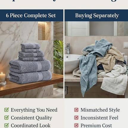LANE LINEN - 6-100% Cotton Bath Towels Set, Extra Large Bath Towels, Hotel Towels, 2 Bath Towels, 2 Hand Towels for Bathroom, 2 Wash Cloths for Your Body, Grey