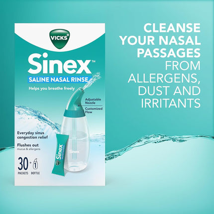 Kit de démarrage Vicks Sinex Saline pour irrigation nasale, solution saline sans médicament, élimine le mucus et les allergènes, soulagement rapide et efficace de la congestion quotidienne due aux sinus et aux allergies, 1 flacon + 30 sachets de recharge.