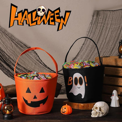 Halloween Bucket Halloween Basket for Kids, Trick or Treat Bags with Embroidery Foldable Halloween Candy Bucket Pumpkin Bucket Basket with Handle for Halloween Party Decorations, (Orange)