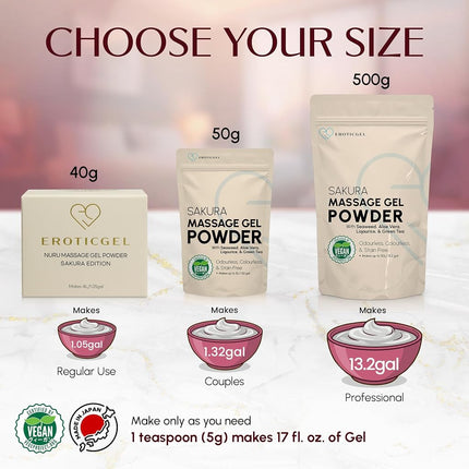 Japanese Nuru Massage Gel Powder Sakura 50g, Aloe, Resealable, Makes 5L