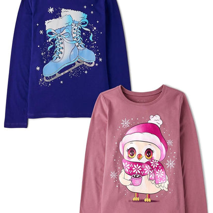 The Children's Place Girls' Assorted Everyday Long Sleeve Graphic T-Shirts, Multipack, Owl Scarf/Ice Skates, Medium