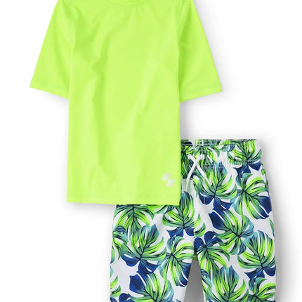 The Children's Place Ensemble de 2 pièces : Rashguard à manches courtes et short de bain pour garçons, vert feuille, grande taille