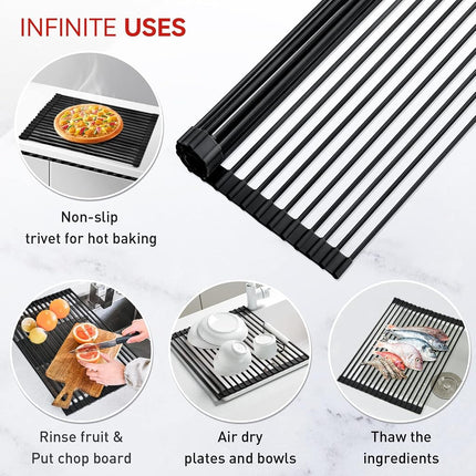 MERRYBOX Roll Up Over The Sink Dish Drying Rack Silicone Wrapped Foldable, Heat-Resistant, Anti-Slip Sink Rack Multipurpose Dish Drainer for Kitchen Sink Counter - Black, 17.5" x 11"