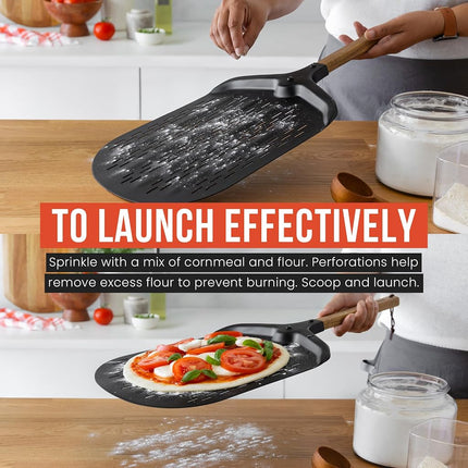 Chef Pomodoro Black Perforated Metal Pizza Peel 12-inch with Foldable Wood Handle for Easy Storage and 8-inch Aluminum Turning Pizza Peel with Detachable Wood Handle