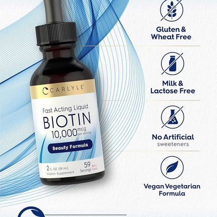 Liquid Biotin 10000mcg Extra Strength Drops | 2 oz | for Hair, Skin, Nails | Vegetarian, Non-GMO, Gluten Free Supplement | by Carlyle