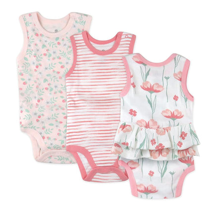 HonestBaby Multipack Sleeveless and Cami Bodysuits One-Piece 100% Organic Cotton for Infant Baby Boys, Girls, Unisex, Strawberry Pink Floral, 0-3 Months