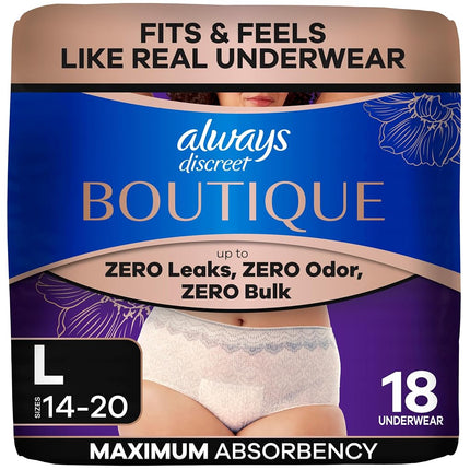 Always Discreet Boutique, Incontinence & Postpartum Underwear for Women, Maximum Protection, Peach, Large, 18 Count