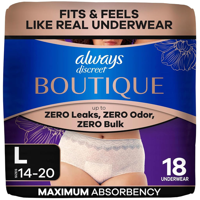 Always Discreet Boutique, Incontinence & Postpartum Underwear for Women, Maximum Protection, Peach, Large, 18 Count