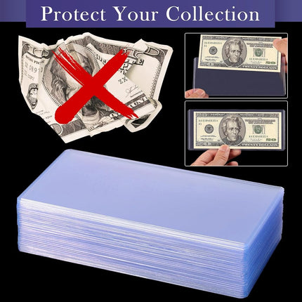Uncle Paul 100PCS Banknotes Top-Insert Holders - Currency PVC Transparent Bill Money Top-Load Sleeves Display Holder for Regular Bills Protector Storage Cases Collectors PN03L100