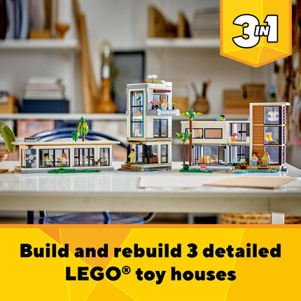 Juguete LEGO Creator 3 en 1 Casa Moderna, Edificio Urbano de 3 Pisos o Cabaña del Bosque, Set de Juego de Casas Modelo para Niños, Sets de Construcción de Arte, Idea de Regalo para Niños y Niñas de 9 Años en Adelante, 31153