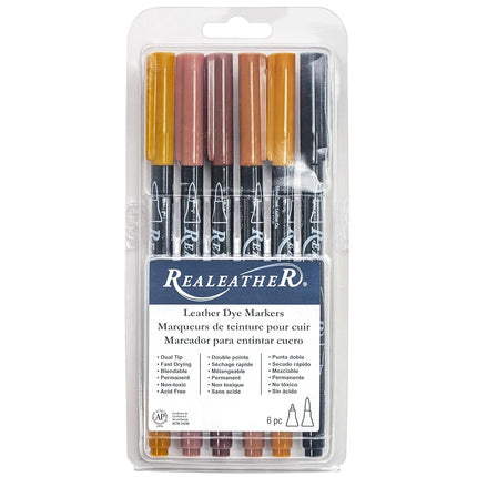 Realeather F2400-01 Leather Dye Pens, Double Sided with Fine and Brush Tips, Earth Tone Colors, 6-Pack