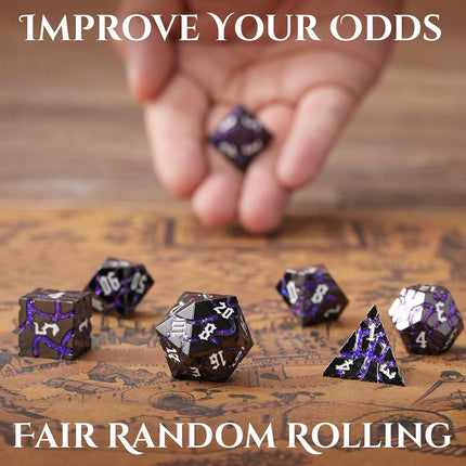 Metal Dice for DND - Ancient Cracked - Black Purple Glitter Cracks