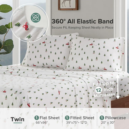 Woolrich Cotton Sheet Set Cottage Charms Print, 100% Cotton Flannel Sheets Warm & Fuzzy Bedding Set Twin Size Sheets, Fitted Pocket Fits Up to 12" Mattress, Twin Green Tree Trip 3 Piece