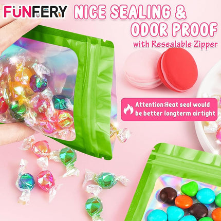 Funfery 100 Pack Resealable Bags Clear Holographic Bags,Smell Proof Packaging Baggies,Mylar Food Storage Bag,Zipper Sealing Pouch for Coffee Beans,Cookies,Jewelry Sample Small Business(Green,7x10in)